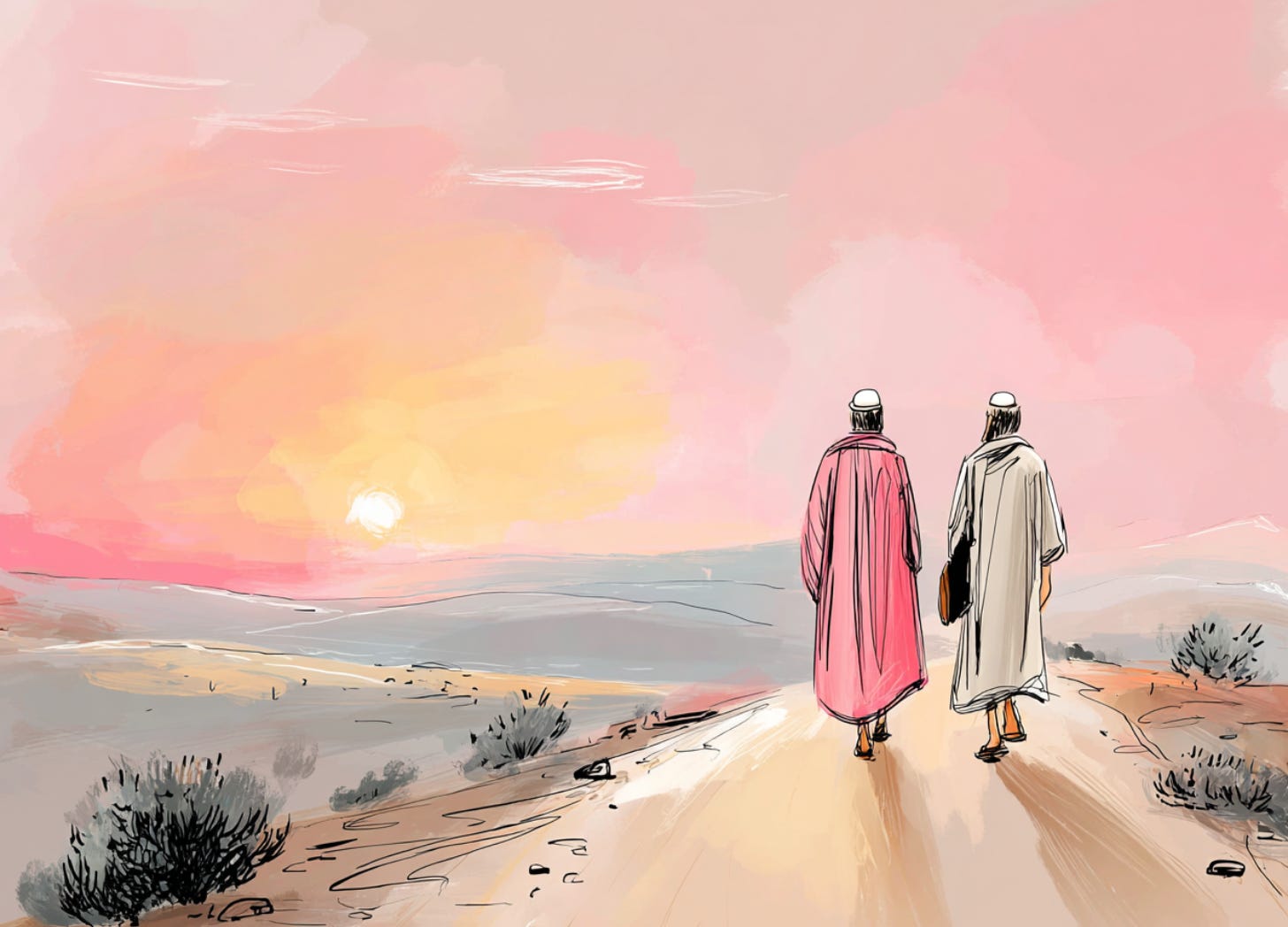 Illustration of a disciple following a Rabbi on a sunlit dirt path in ancient Galilee, symbolizing the call to follow Jesus.