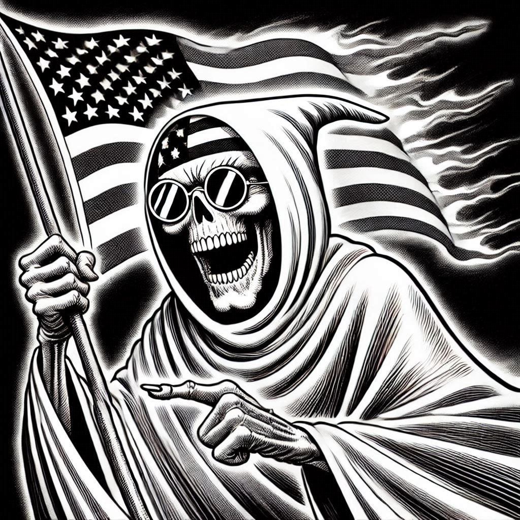 A black and white caricature of an evil ghost of Christmas future waving an American flag in the style of MAD magazine