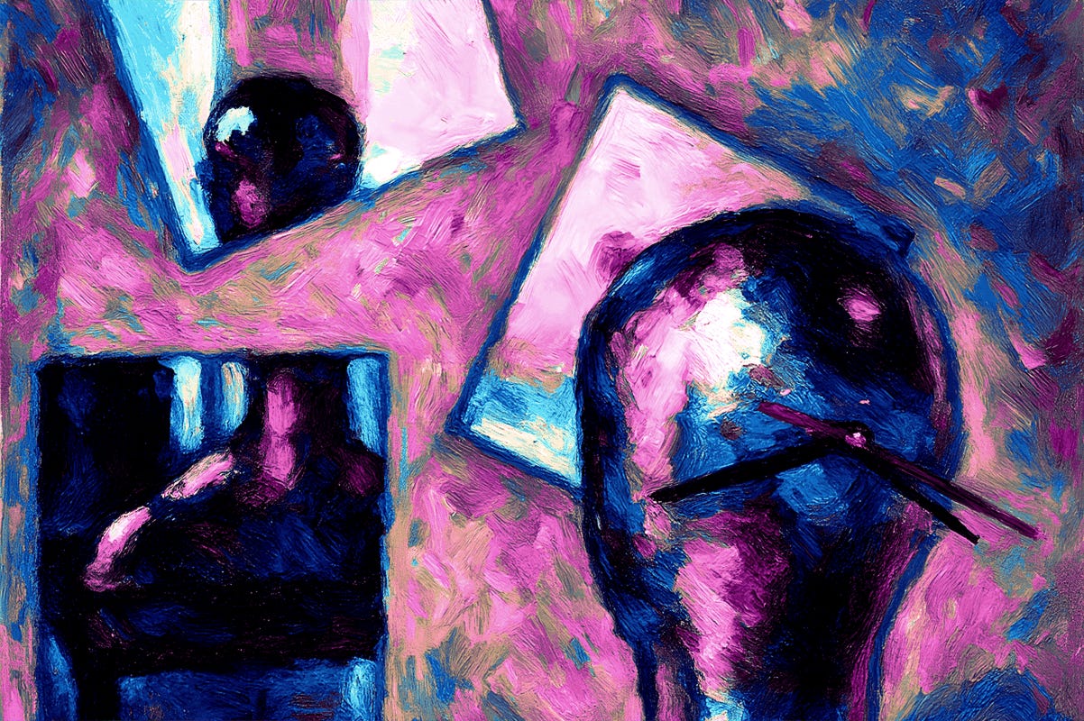 The back of a humanoid figure's head with clock arms at its center. The back of a humanoid figure's head with clock arms at its center.