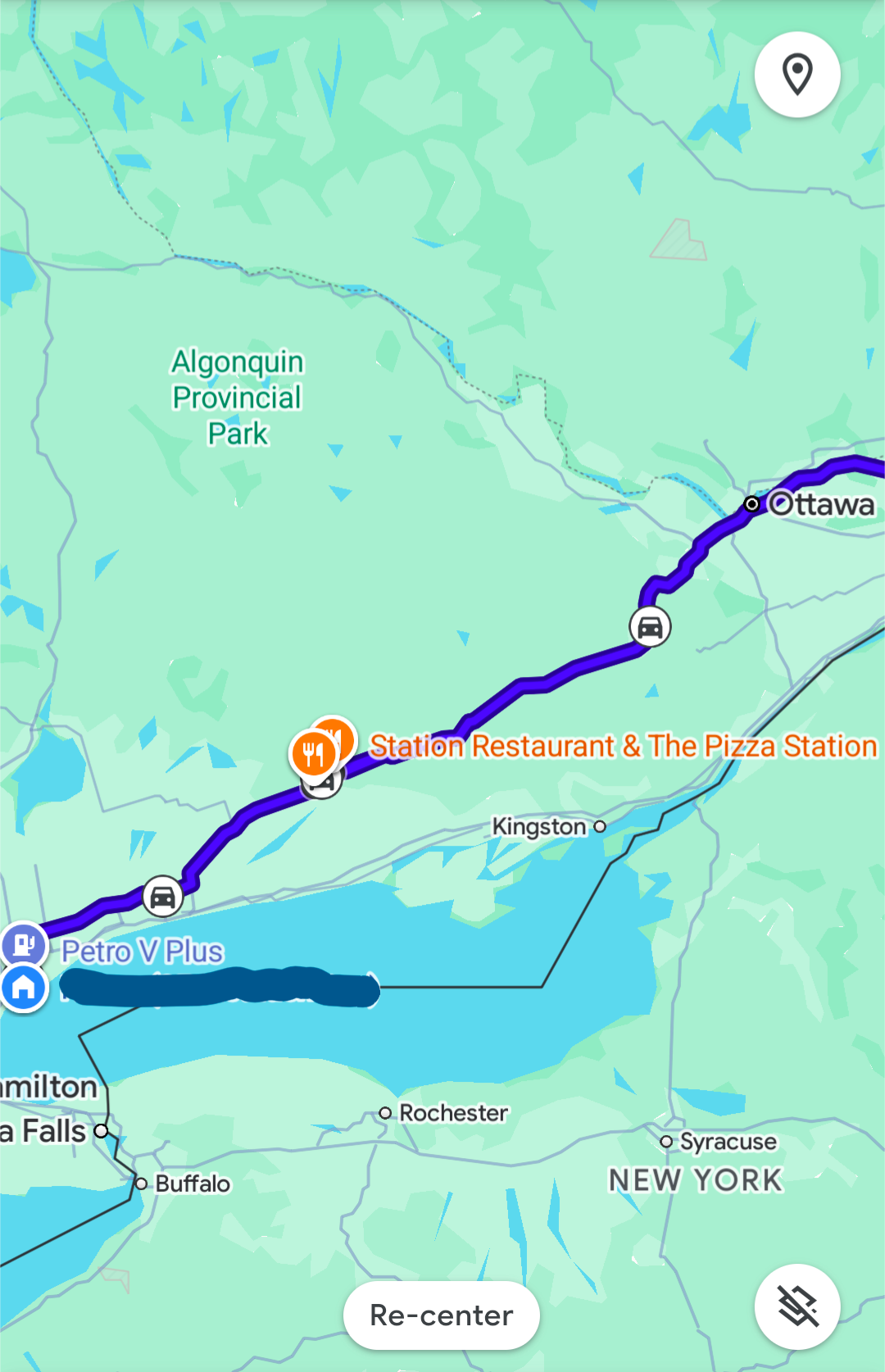 A google map showing the journey from Toronto to Hawkesbury