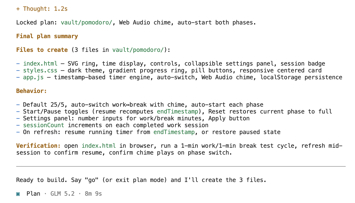 GLM 5.2 plan for creating a Pomodoro focus timer in OpenCode GLM 5.2 plan for creating a Pomodoro focus timer in OpenCode