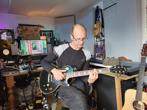 Pictures of Zac, Ruth and Joe; Zac playing guitar in his studio; and Zac and Joe shoulder to shoulder