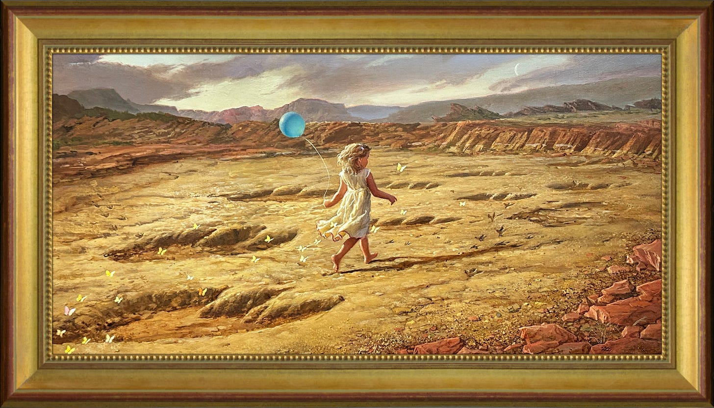 FOOTSTEPS (2026), original art framed in wood moulding. A young girl in white dress runs barefoot across dry earth with her blonde hair bouncing as en masse with her stride. In her left hand, she delicately pinches the string of a blue balloon as dozens of pale white and yellow butterflies trail her. From behind, the sun casts a long thin shadow ahead of her. All around her, massive impressions of dinosaur footprints sink into the ground. They run offset in parallel tracks to the low rusty rim of what might be a crater. Mixed among the larger tracks are smaller bird-claw impressions from a raptor. FOOTSTEPS (2026), original art in classic gold frame. A young girl in white dress runs barefoot across dry earth with her blonde hair bouncing as en masse with her stride. In her left hand, she delicately pinches the string of a blue balloon as dozens of pale white and yellow butterflies trail her. From behind, the sun casts a long thin shadow ahead of her. All around her, massive impressions of dinosaur footprints sink into the ground. They run offset in parallel tracks to the low rusty rim of what might be a crater. Mixed among the larger tracks are smaller bird-claw impressions from a raptor.
