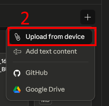 Zoomed-in screenshot of the file upload dropdown menu in Claude Projects, with red annotation 2 highlighting the "Upload from device" option. Other options include "Add text content," "GitHub," and "Google Drive."