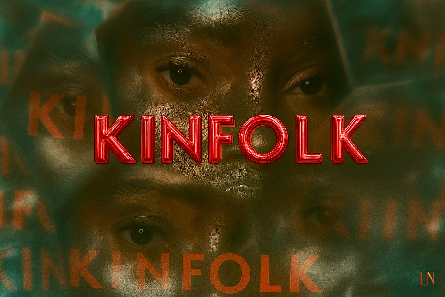 A kaleidoscopic portrait of a Black face in green chrome light, surrounded by mirrored reflections of eyes. Across the center, the word KINFOLK appears in bold red (#FD1C00) sans-serif type, fractured and echoed faintly in the surrounding panes.