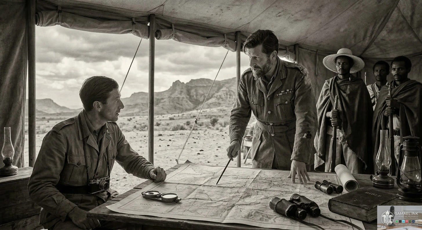 A grainy, sepia-toned historical photograph taken inside a military tent in the Ethiopian mountains in 1941. Two British officers, Major Orde Wingate and Sir Wilfred Thesiger, are gathered around a table with a map, planning a campaign. Wingate points to a location on the map, while Thesiger looks intently at it. Beside them are Ethiopian Patriot fighters, holding traditional weapons. A worn Bible, binoculars, and compasses are visible on the table. The image has an authentic, documentary feel from the era. A grainy, sepia-toned historical photograph taken inside a military tent in the Ethiopian mountains in 1941. Two British officers, Major Orde Wingate and Sir Wilfred Thesiger, are gathered around a table with a map, planning a campaign. Wingate points to a location on the map, while Thesiger looks intently at it. Beside them are Ethiopian Patriot fighters, holding traditional weapons. A worn Bible, binoculars, and compasses are visible on the table. The image has an authentic, documentary feel from the era.