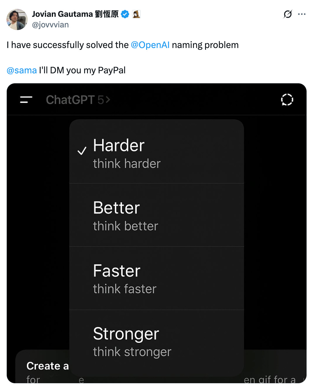 Post See new posts Conversation Jovian Gautama 劉恆原 @jovvvian I have successfully solved the @OpenAI naming problem @sama I'll DM you my PayPal Post See new posts Conversation Jovian Gautama 劉恆原 @jovvvian I have successfully solved the @OpenAI naming problem @sama I'll DM you my PayPal