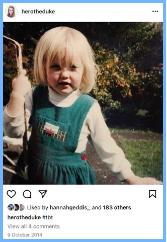 Hero's Insta | Photo of little Hero, gripping tight to a pole, one hand out to the side. | Caption reads: #tbt