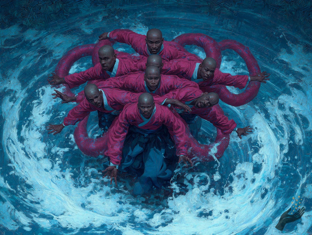 A tightly grouped cluster of figures in bright pink robes moves through a whirlpool of blue water, with arms extended outward and looping magenta forms curving behind and around them.
