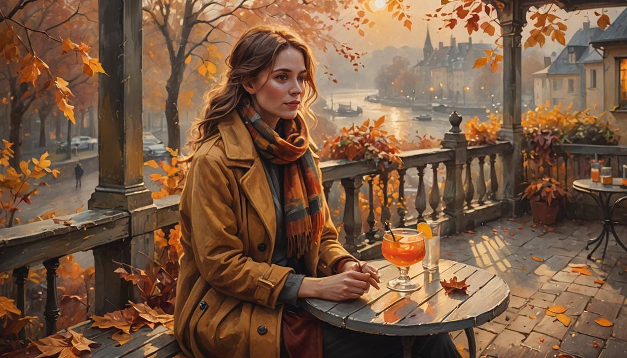 Woman sits on an outside terrace with an orange-colored cocktail on the table in front of her, and in the background a city scene with buildings, cars and a river. Nature around has autumn colors.