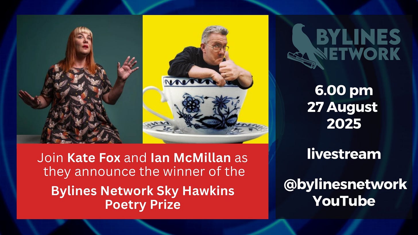 An title card advertising the announcement of the winner of the Bylines Network Sky Hawkins Poetry Prize, with pictures of two poets and details of a livestream on YouTube
