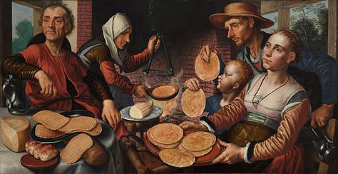 6 images all from Dutch painters - all contains images of pancakes being cooked around fires or being eaten