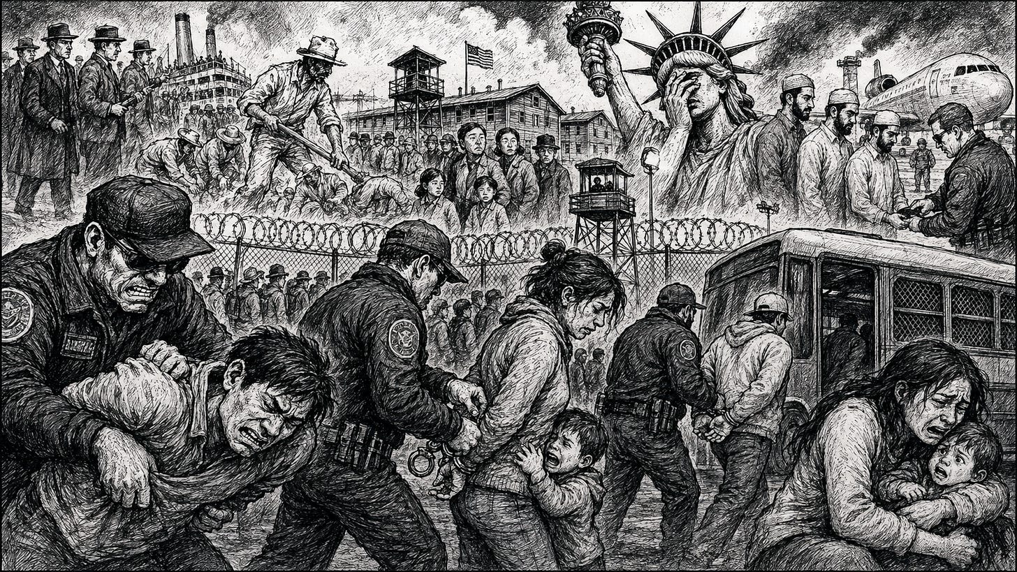 Illustrazione in bianco e nero, in stile fumetto underground, che mostra un affollato panorama della repressione migratoria negli USA. In primo piano, agenti federali arrestano migranti e separano famiglie terrorizzate accanto a un autobus per detenuti e a recinzioni sormontate da filo spinato. Sullo sfondo compaiono echi storici dei Palmer Raids, dell’internamento dei nippo-usamericani, delle retate contro i migranti messicani del 1954 e della registrazione di uomini arabi e musulmani dopo l’11 settembre. Una Statua della Libertà sconvolta sovrasta la scena.