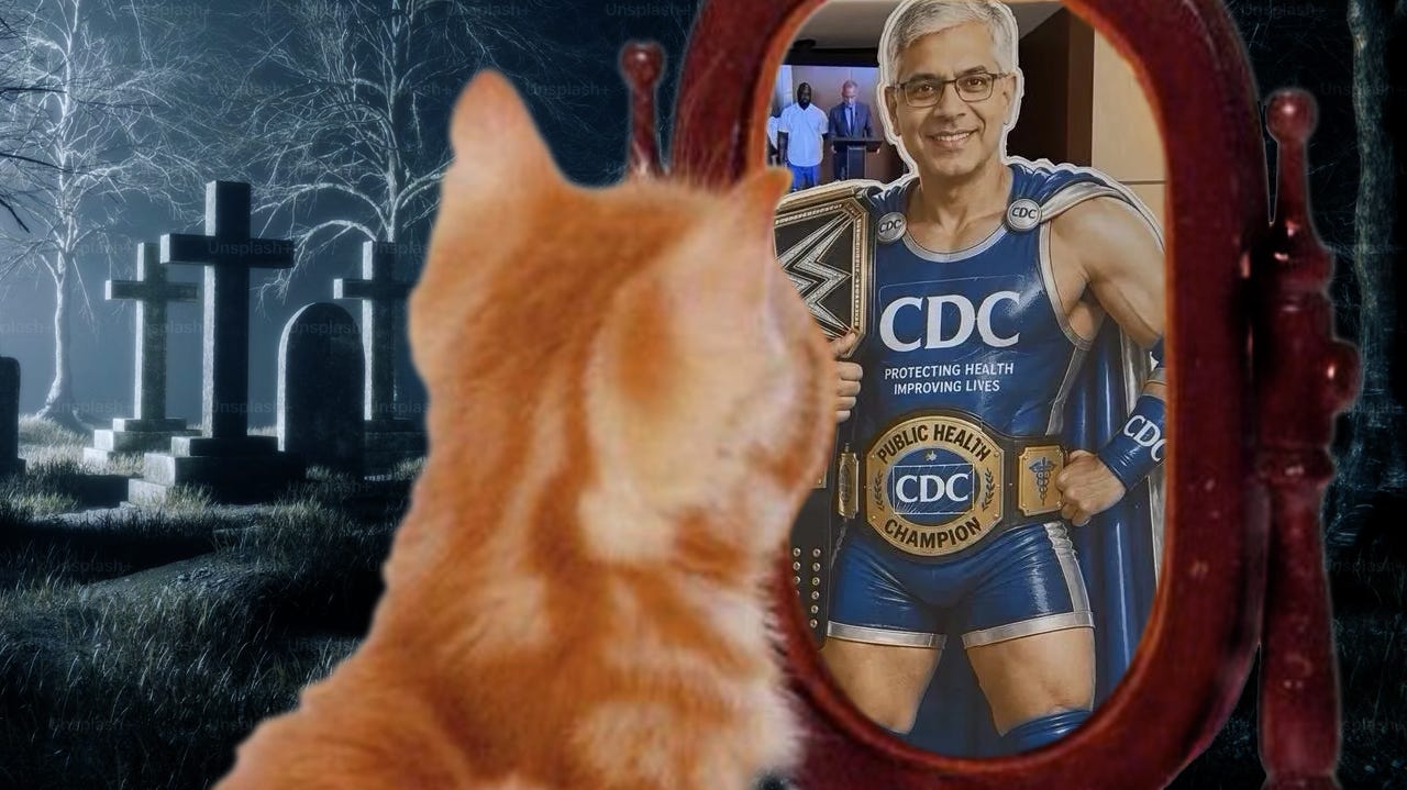 A kitten in a graveyard staring into a mirror and seeing a genAI caricature of Jay Bhattacharya as a wrestler
