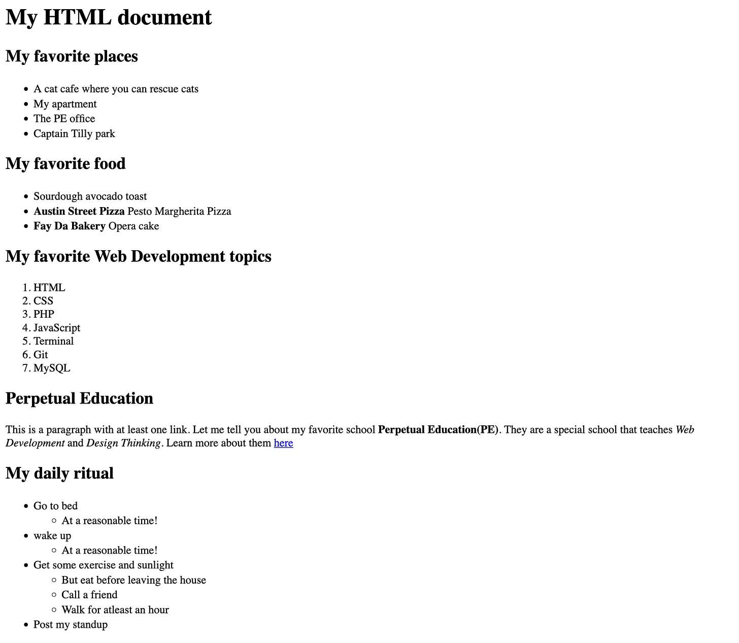 an HTML document with headings and list items