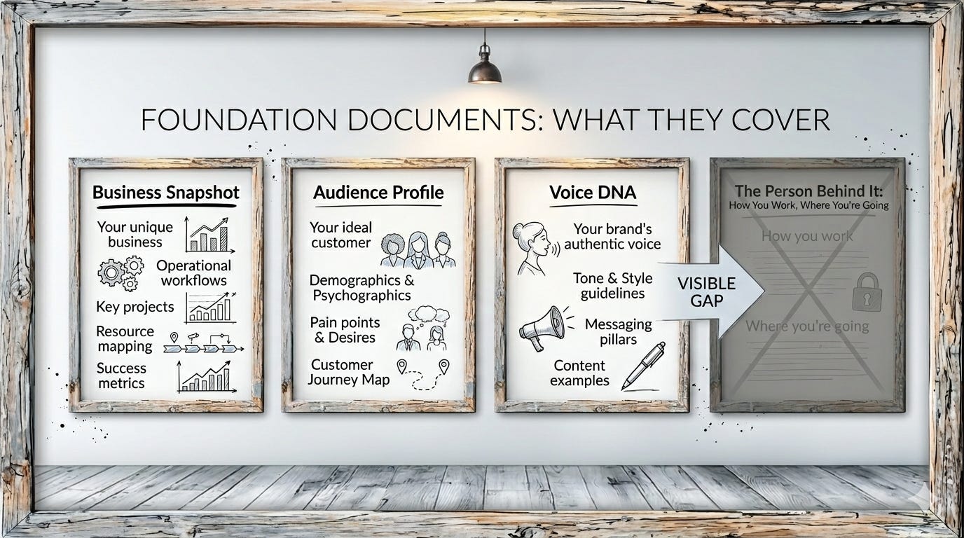 Diagram of three AI foundation docs (Business Snapshot, Audience Profile, Voice DNA) with a visible empty fourth space representing the undocumented person behind the business.