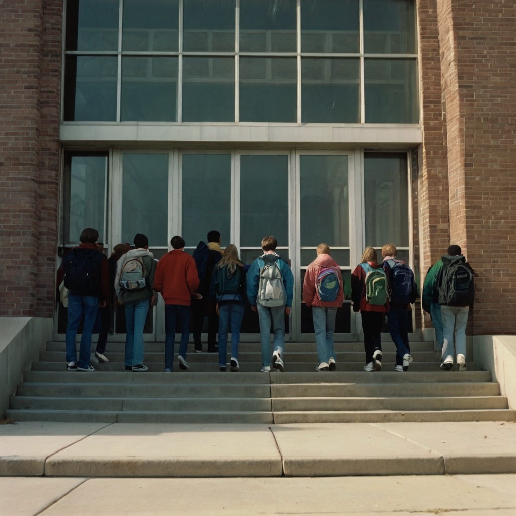 a faded snapshot image from 1998 of skinny high school kids with their heads down awkwardly and their faces creepily and blurrily obscured leaving the huge front doors of a midwestern high school built in the 1930s, unnerving quality, sense of impending doom