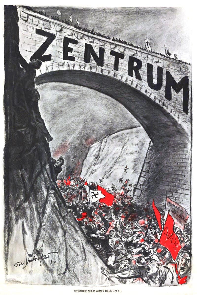 r/PropagandaPosters - Zentrum (Center) Party poster 1930 depicting the rise in political extremism and violence during the later years of the Weimar Republic.   