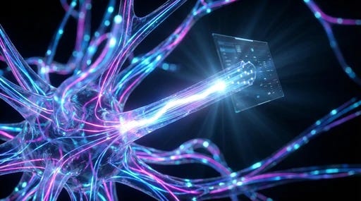 Glowing neural networks sending a pulse toward a holographic display, illustrating consciousness as a downstream render. Glowing neural networks sending a pulse toward a holographic display, illustrating consciousness as a downstream render.