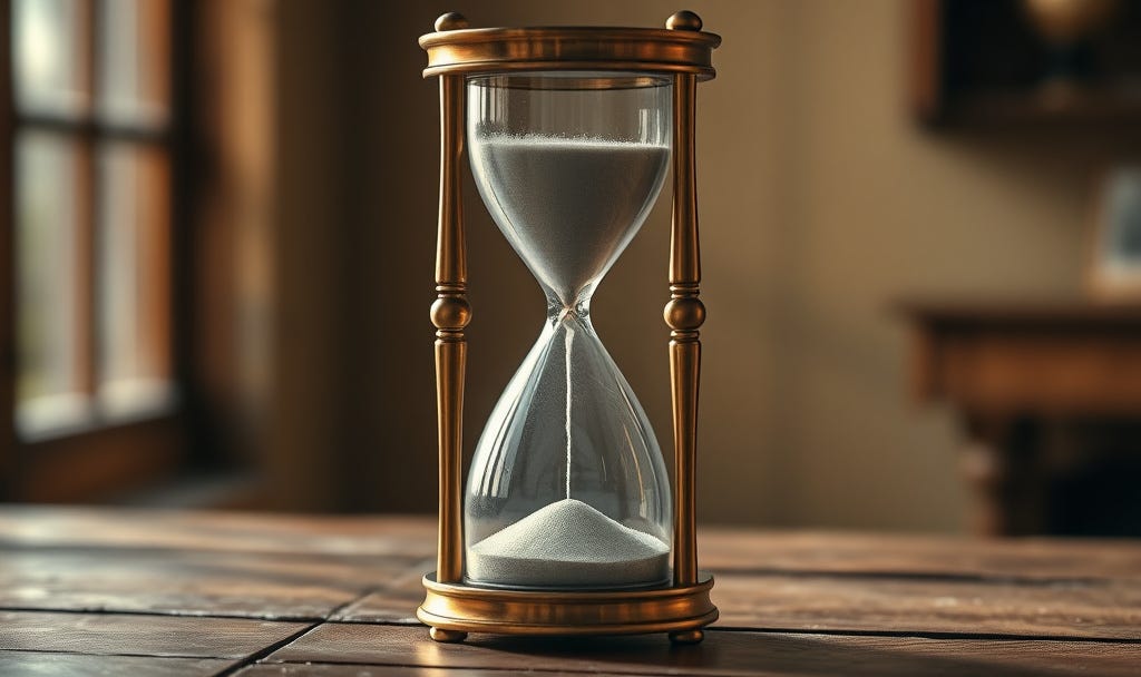 Vintage hourglass with sand flowing representing the quiet panic of time running out and wasting your life