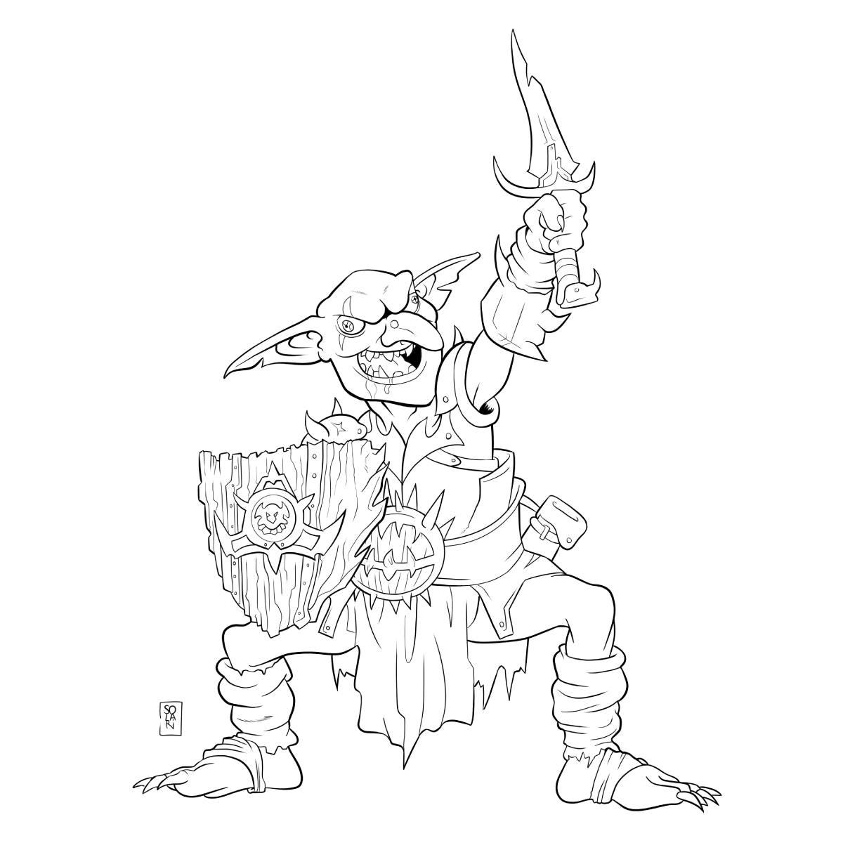 The black and white illustration of a Goblin with sword and board