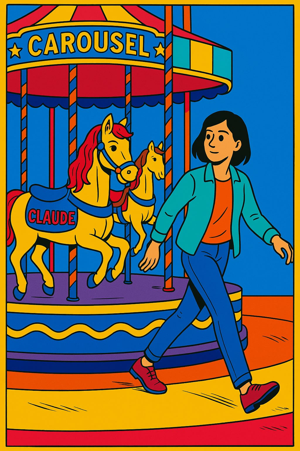 a comic strip style picture of a carrousel with the horses representing ai models and a woman getting off the caroussel