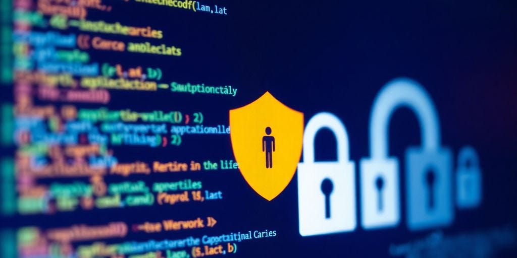 Computer screen with code and security icons. Computer screen with code and security icons.