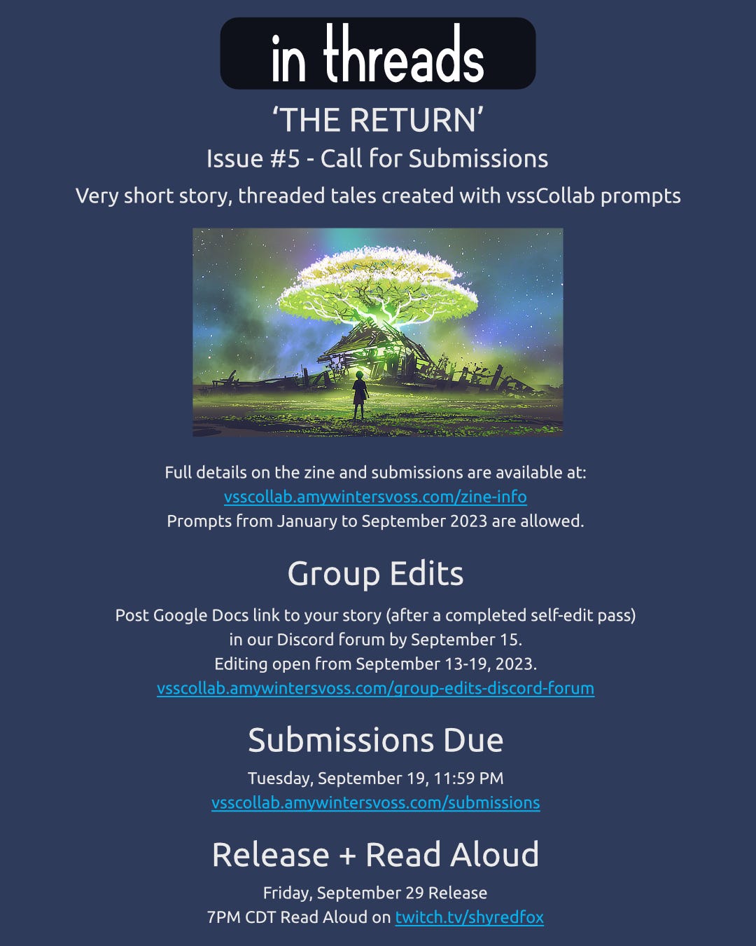 Overview of 'In Threads' submissions. Full details are in the article link. Cover sneak peek: child standing in front of a magical tree growing up from the ruins of a house