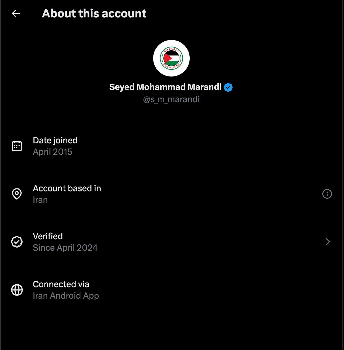 screenshot of Mr. Marani’s X account, taken on April 6th, 2026, showing that despite the internet shutdown, he is able to connect to X from inside Iran.