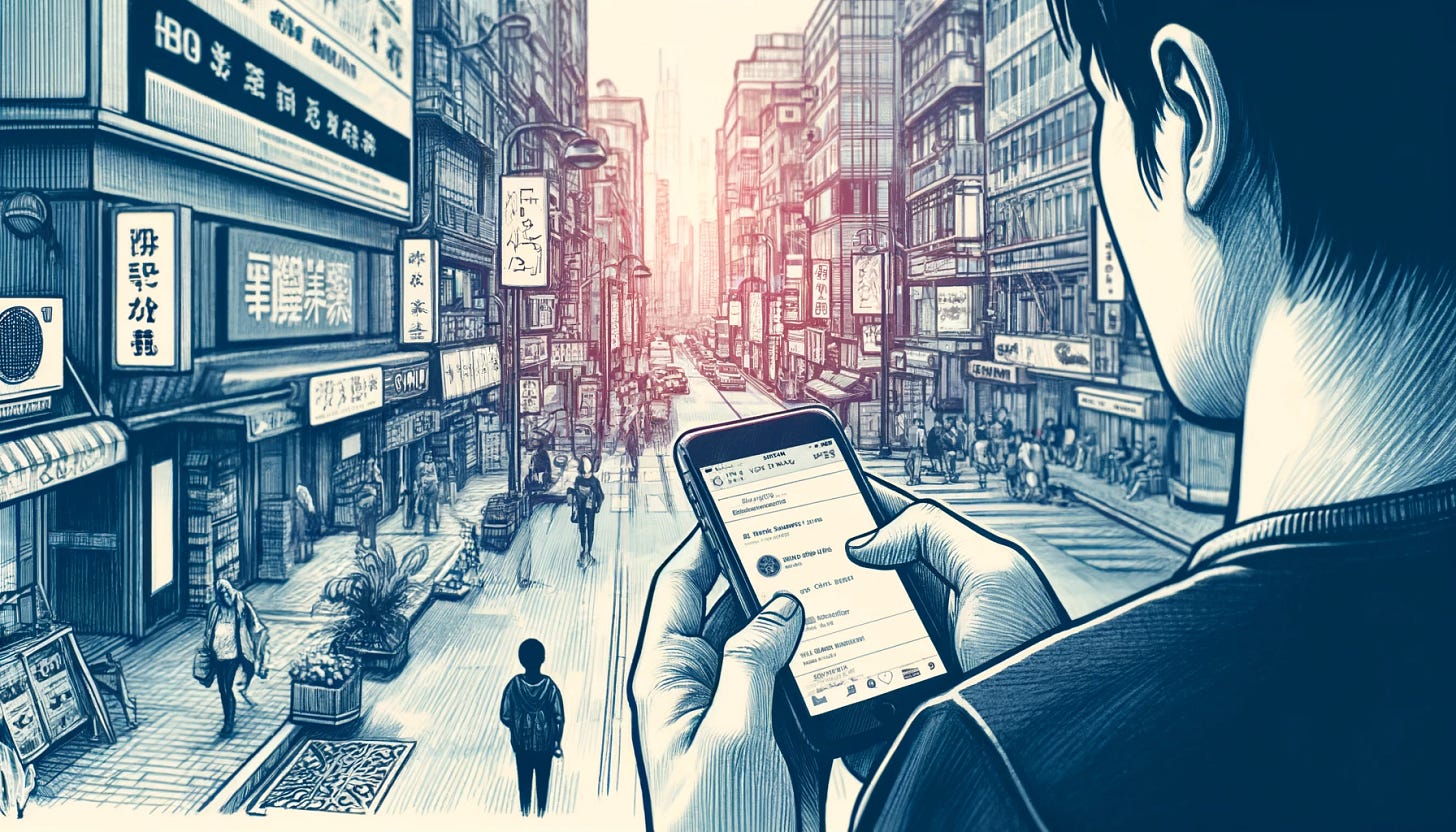 A pencil drawing of a phone seen over the shoulder of a man standing on a busy street.