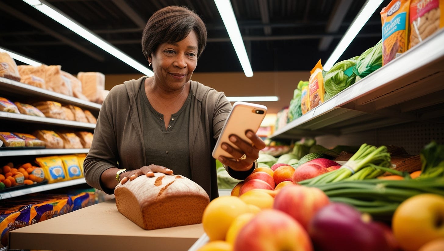 A middle-aged adult with short, dark brown hair and a gentle, concentrated expression scans groceries on a supermarket shelf with a sleek, silver smartphone, the device's screen illuminated as it hovers above a loaf of whole wheat bread, surrounded by vibrant produce and packaged snacks, the fluorescent store lighting casting a warm glow on the scene, the shopper's casual, earth-toned clothing blending with the neutral tones of the store's décor, their brown skin complementing the warm colors of the fruits and vegetables.