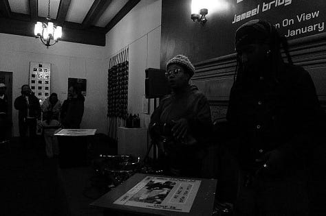 L to R: all photographs are black-and-white; blair ebony smith stands at the turn tables in front of a fireplace. behind blair the words ‘end jameel bridgewater’ are visible. there is someone standing next to blair; the middle photograph is of several folks smiling and laughing around the turn tables; blair ebony smith again standing at the turntables