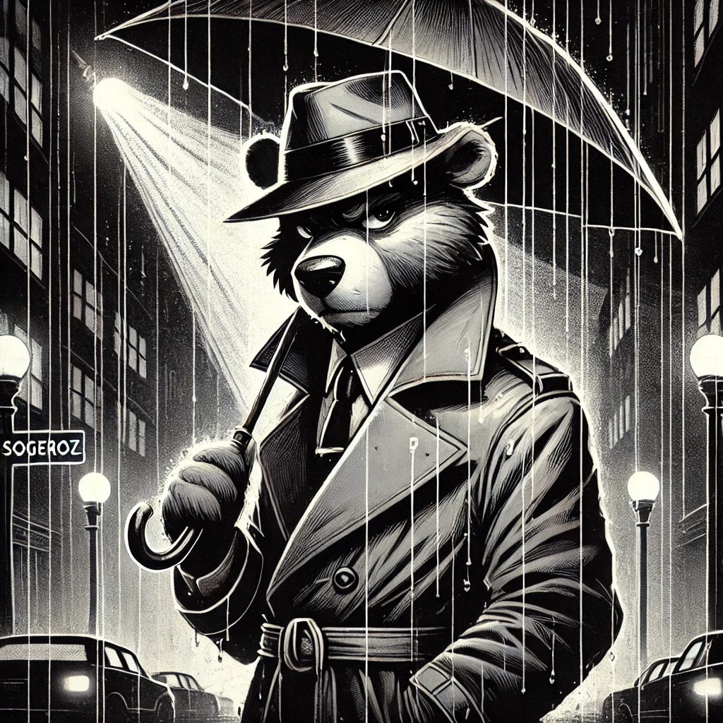 A film noir style illustration of a mysterious anthropomorphic bear detective, named 'Osogeroz.' The bear wears a classic trench coat and fedora, holding an umbrella instead of a cigar. The scene is set in a dark, rain-soaked city street illuminated by dim streetlights. The atmosphere remains moody and shadowy, with strong contrasts of light and darkness. Rain falls softly around the bear, adding depth and intrigue. The overall color palette is black and white with subtle gray tones, characteristic of classic noir films.