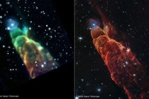 This side-by-side comparison shows a Spitzer Space Telescope Infrared Array Camera image of HH 49/50 (left) versus a Webb image of the same object (right) using the NIRCam (Near-infrared Camera) instrument and MIRI (Mid-infrared Instrument). The Webb image shows intricate details of the heated gas and dust as the protostellar jet slams into the material. Webb also resolves the “fuzzy” object located at the tip of the outflow into a distant spiral galaxy. The Spitzer image shows 3.6-micron light in blue, the 4.5-micron in green, and the 8.0-micron in red (IRAC1, IRAC2, IRAC4). In the Webb image, blue represents light at 2.0-microns (F200W), cyan represents light at 3.3-microns (F335M), green is 4.4-microns (F444W), orange is 4.7-microns (F470N), and red is 7.7-microns (F770W).