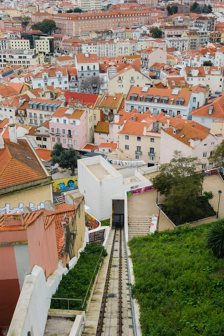 Views over Lisbon rooftops, 25 April bridge and castle do Sao Jorge.