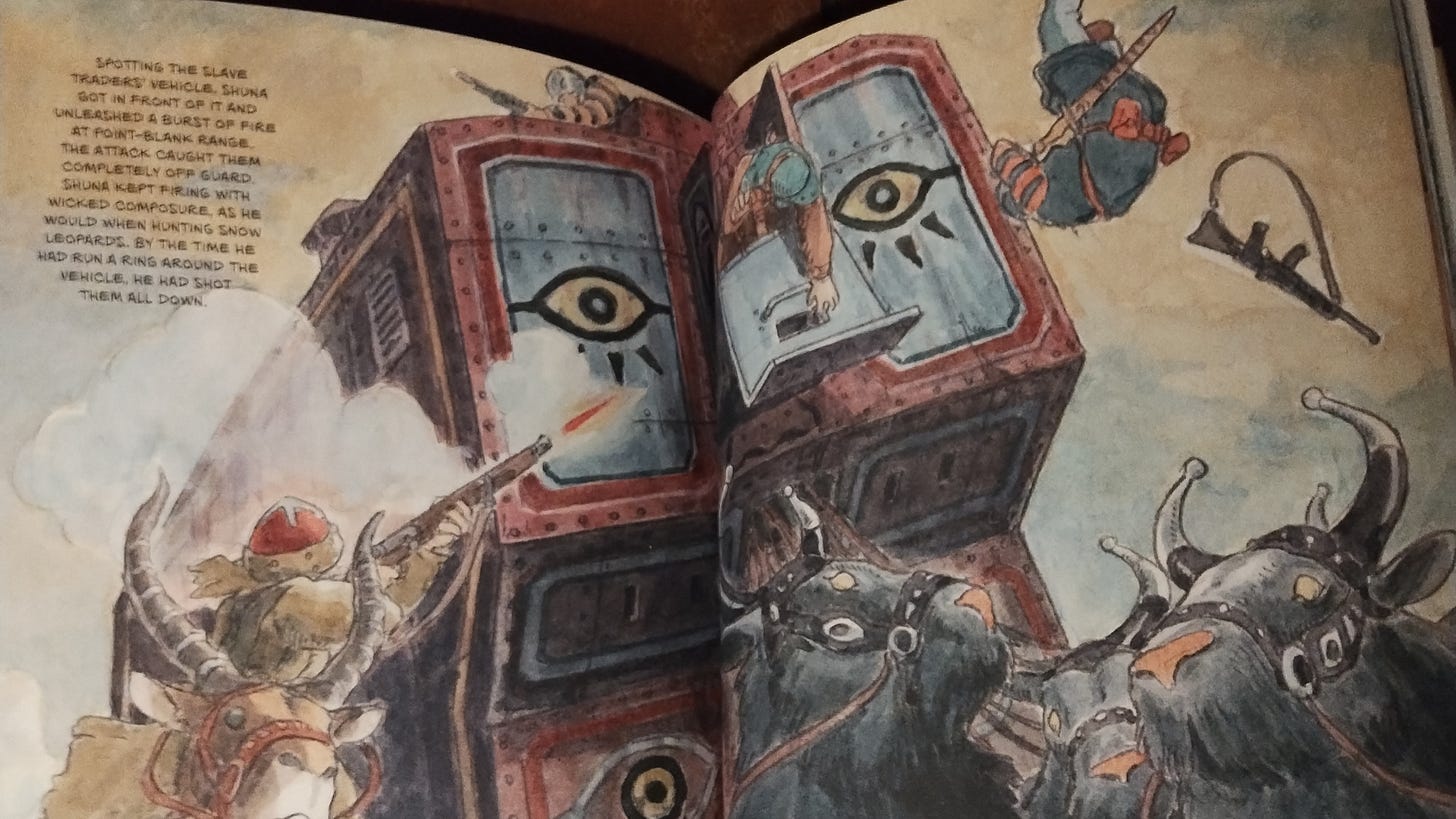 "Spotting the slave traders' vehicle, Shuna got in front of it and unleashed a burst of fire at point-blank range. The attack caught them completely off guard. Shuna kept firing with wicked composure, as he would when hunting snow leopards. By the time he had run a ring around the vehicle, he had shot them all down."