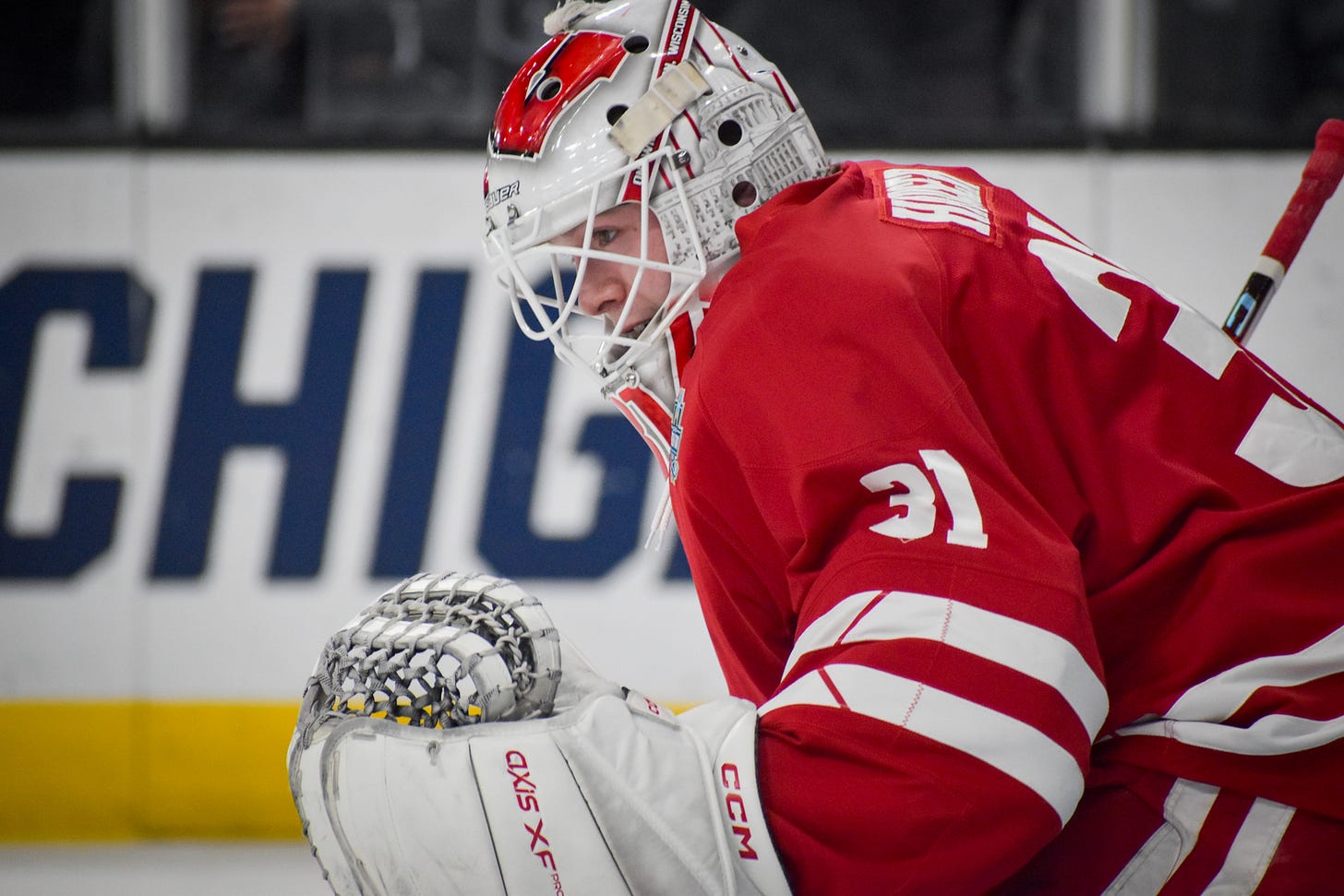 Wisconsin goaltender Daniel Hauser warming up before 2026 NCAA National Championship game.