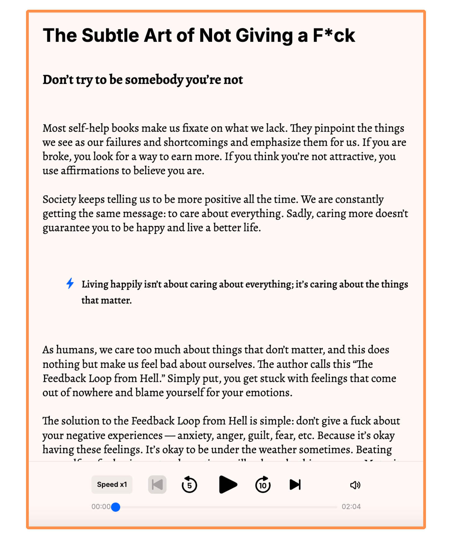 Headway’s summary of the book The Subtle Art of Not Giving a F*ck (desktop view)