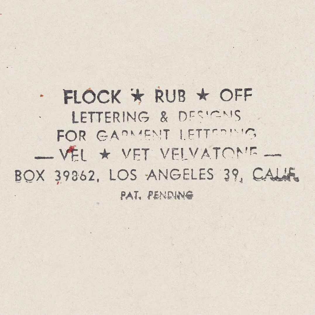 Stamp reading Velvet Velvatone, Box 39862, Los Angeles 39, California