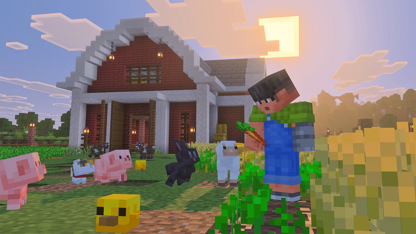 In-game shot looking at a farm with the new cute baby mobs surrounding a player holding a carrot. A baby chick, pig, rabbit, sheep, cat, and cow can be seen curiously looking.