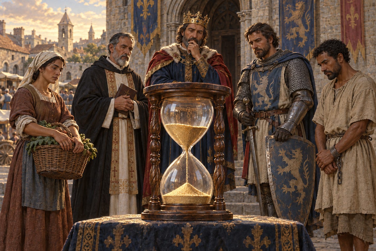 A peasant woman, a priest, a crowned king, an armoured knight and an enslaved household labourer stand around a prominent hourglass in a medieval courtyard. Conceptual illustration of social hierarchy and patience.