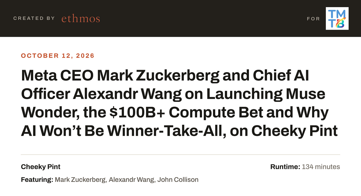 Meta CEO Mark Zuckerberg and Chief AI Officer Alexandr Wang on Launching Muse Wonder, the $100B+ Compute Bet and Why AI Won’t Be Winner-Take-All, on Cheeky Pint Meta CEO Mark Zuckerberg and Chief AI Officer Alexandr Wang on Launching Muse Wonder, the $100B+ Compute Bet and Why AI Won’t Be Winner-Take-All, on Cheeky Pint