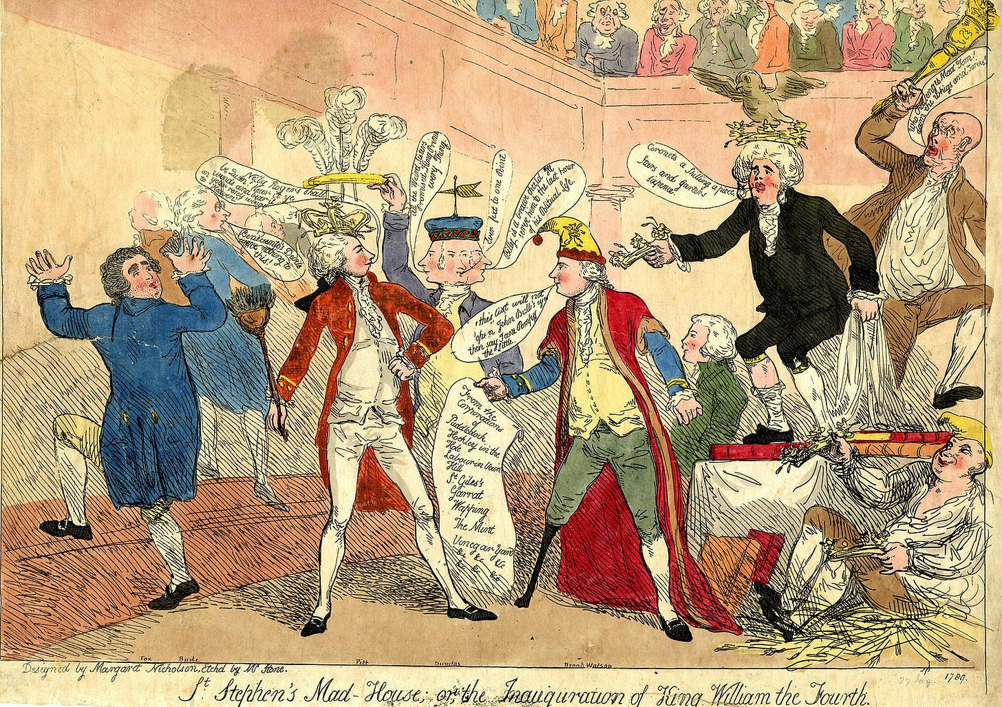 British politicians are shown standing on tables, wearing silly hats, and acting/looking ridiculous