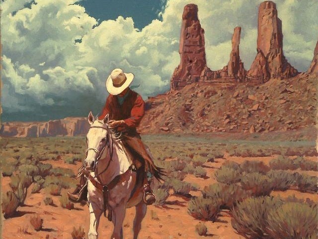 This may contain: a painting of a man riding on the back of a white horse across a desert This may contain: a painting of a man riding on the back of a white horse across a desert