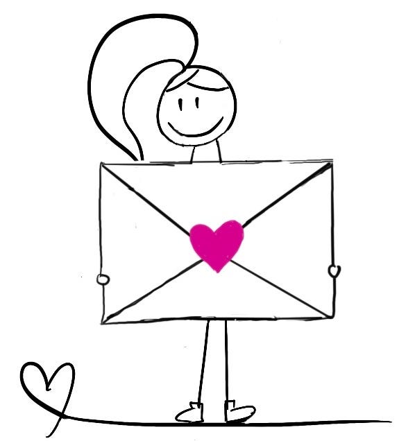 Disability Writer stick figure Lilly is holding an envelope with a heart on it.