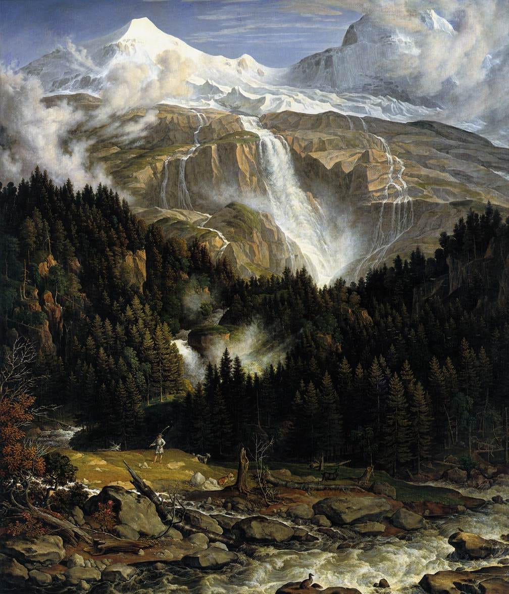 A waterfall dropping through a gorge below two snowy Alpine peaks, with a shepherd and goats in a meadow at the bottom A waterfall dropping through a gorge below two snowy Alpine peaks, with a shepherd and goats in a meadow at the bottom