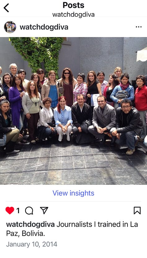 Mc Nelly Torres as speaker and trainer participating at the annual Investigative Reporters and Editors conferences over the years and most recently at the virtual AccessFest held during fall. Torres poses with journalists she trained in La Paz Bolivia in 2014, a group of NICAR ladies and Chicas Poderosas hackaton in Mexico City in 2016. (Mc Nelly Torres | Don’t Forget My Voice)