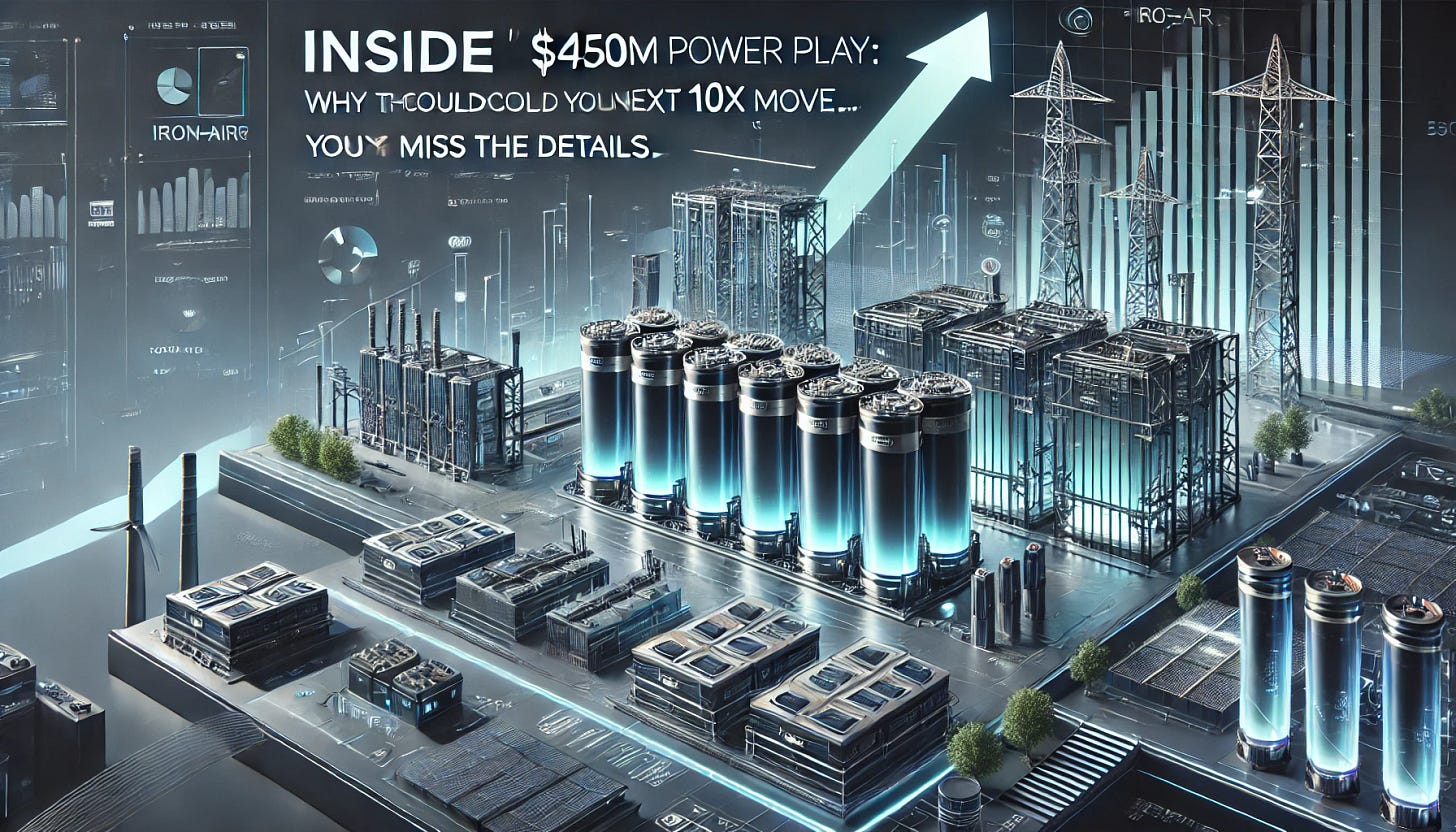 A high-tech, futuristic horizontal image representing 'Inside Form Energy’s $450M Power Play: Why This Could Be Your Next 10x Move—Don’t Miss the Details'. The design should showcase cutting-edge energy storage technology, featuring iron-air batteries, clean energy infrastructure, and a modern industrial setting. Financial growth elements like stock market charts, rising arrows, and investment visuals should be subtly integrated. The color scheme should include deep blues and greens to evoke trust, innovation, and sustainability. The text should be bold and seamlessly incorporated for a professional, sleek look.