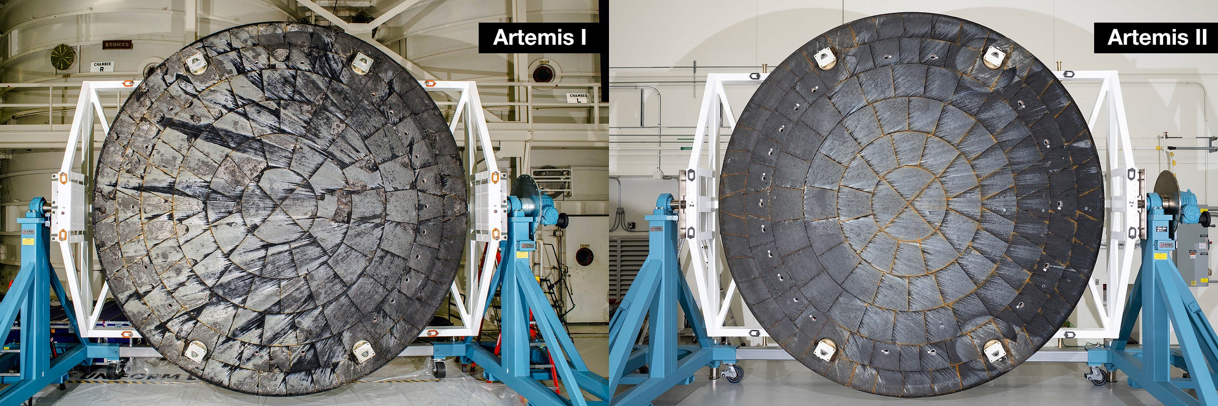 Two photos side-by-side showing the Artemis I Orion heat shield on the left and the Artemis II Orion heat shield on the right. Both heat shields are seen on stands and rotated for inspection. Credit: NASA