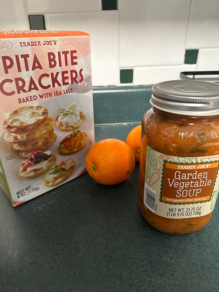 Two photos: one of pita crackers, vegetable soup, and oranges from Trader Joe's, and one of a biscuit and kouign-amann from a local bakery.
